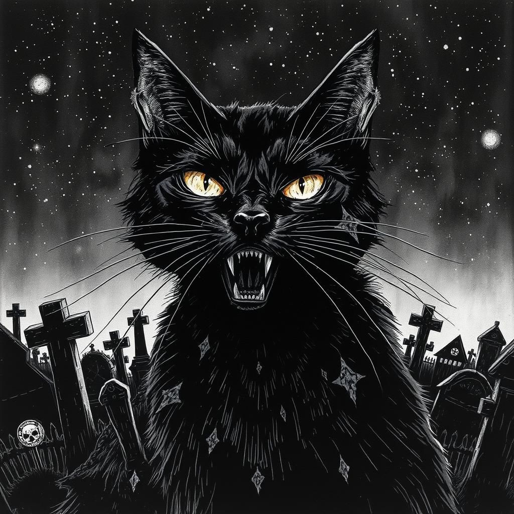Frightful Black Cat Portrait in Ink and Brush Style