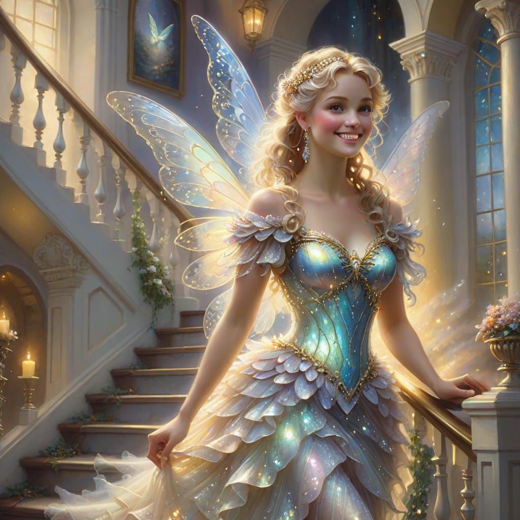 Smiling Fairy Descends in Ethereal Oil Painting