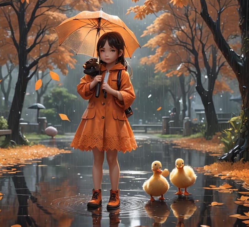 Anime Girl with Duckling in Rainy Autumn Scene