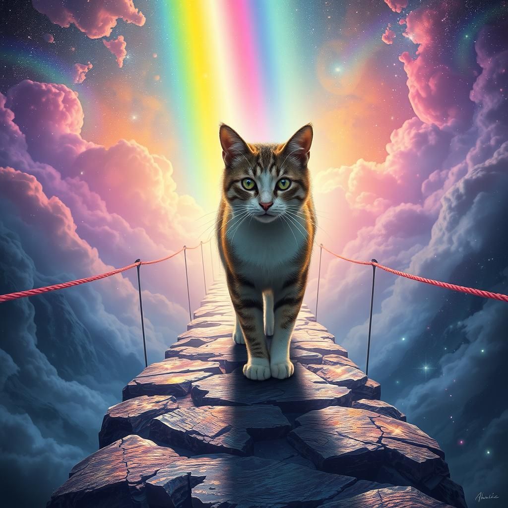 Cat Walks Rainbow Bridge: Cosmic Illustration