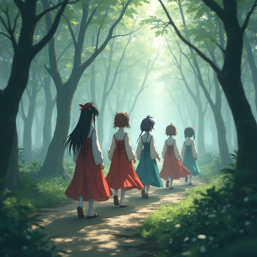 Anime Girls Walking in Mystical Forest Procession