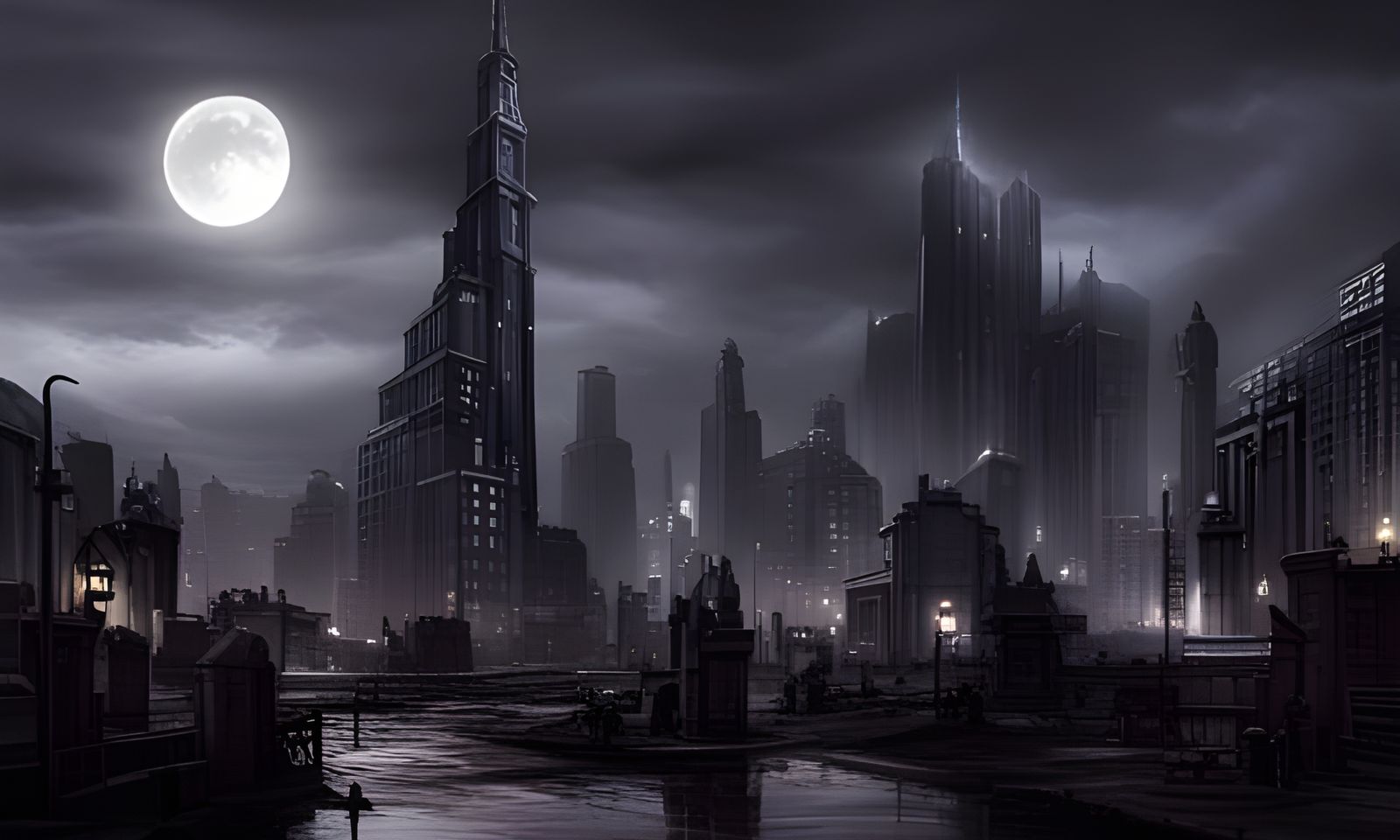 Sinister Lovecraftian Cityscape in Noir Style