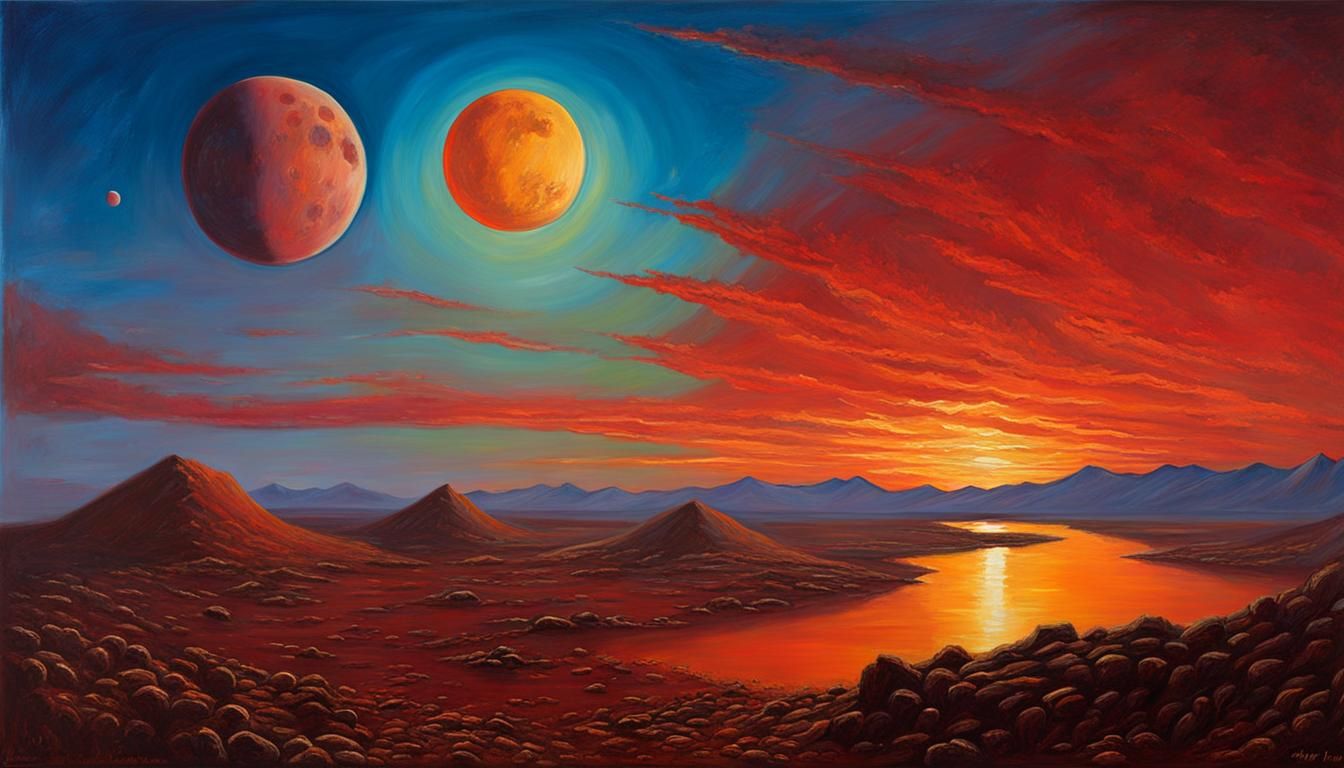 Martian Sunset with Crescent Moons as Oil Painting
