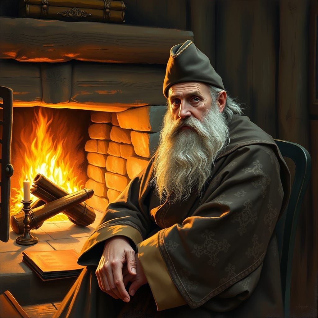 Vintage Villager in Warm Robe by the Fireplace