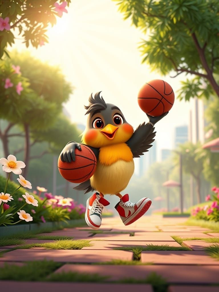 Chibi Robin Bird Plays Basketball: Pixar-Style 3D Art