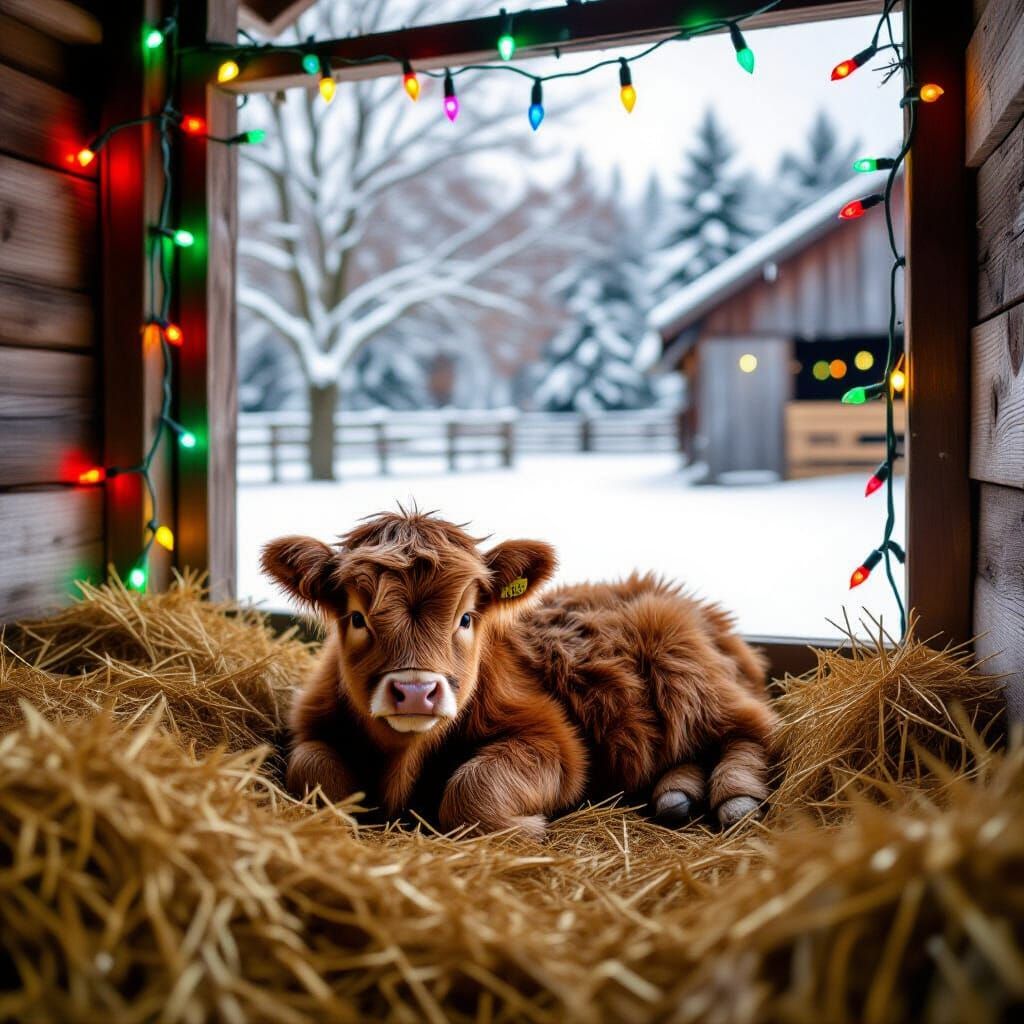 Adorable Highland Calf in Snowy Christmas Barn