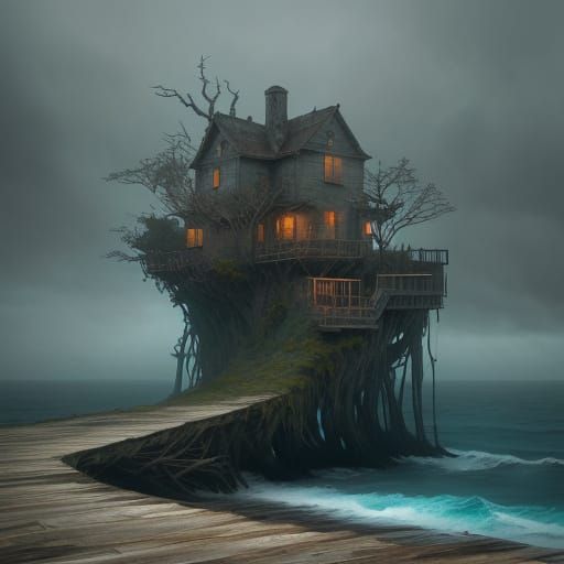 Eerie Island Abode in Atmospheric Perspective