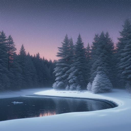 Serene Winter Forest Dusk in Minimalist Anime Style