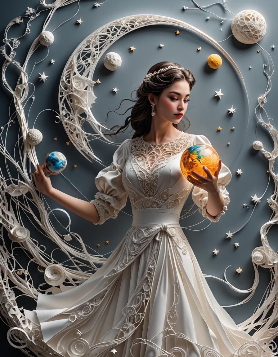 Lady Holding Moon in Colorful 3D Fiber Art