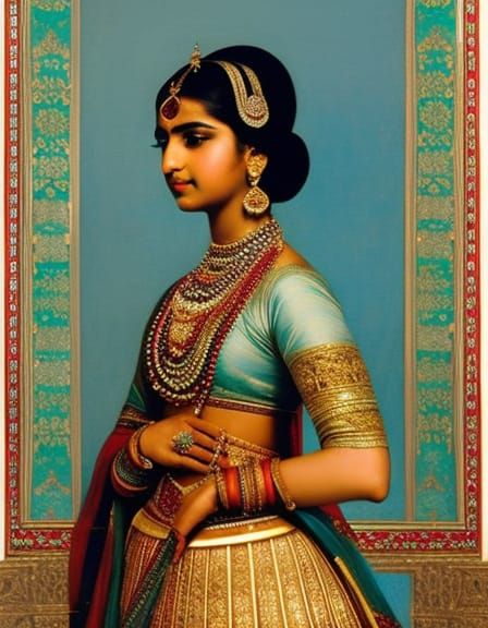 16k resolution, portrait of a young Indian woman adorned with traditional jewelry and wearing a resplendent lehenga, cap...