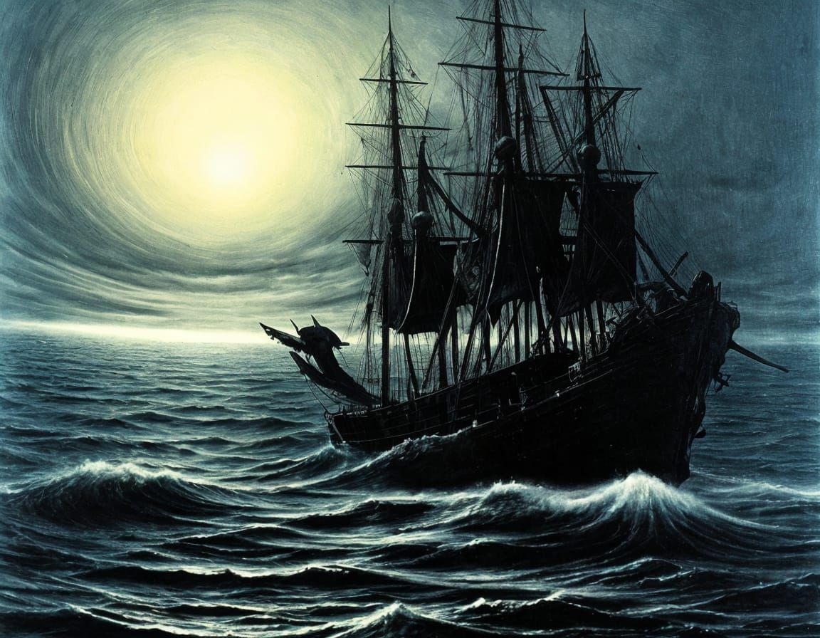 Ghost Pirate Ship in Midnight Darkness