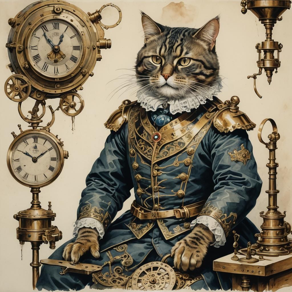 Victorian Emperor Cat with Steam Engine, Watercolor Style