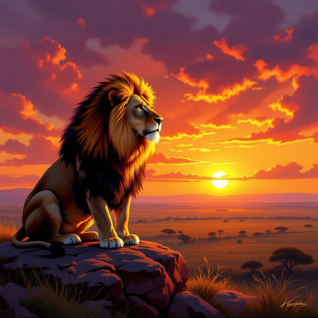 Majestic Lion at Sunset Over Savanna