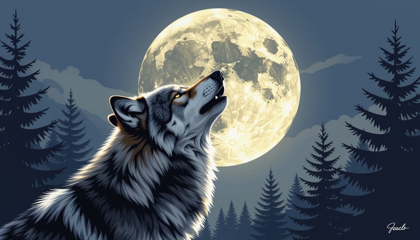Photorealistic Wolf Howling at Luminous Moon
