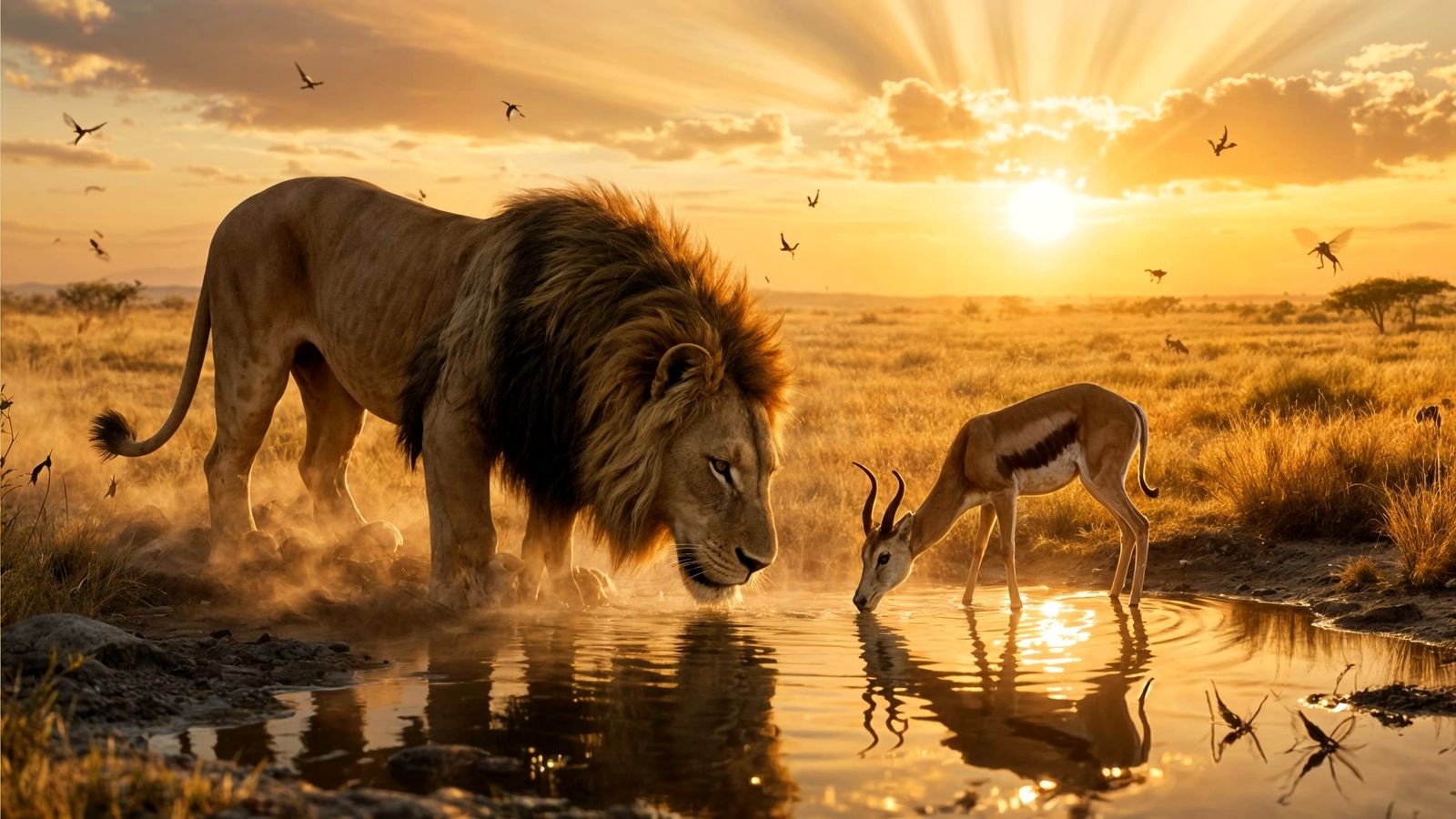 Lion and Gazelle Share Sunset at Watering Hole