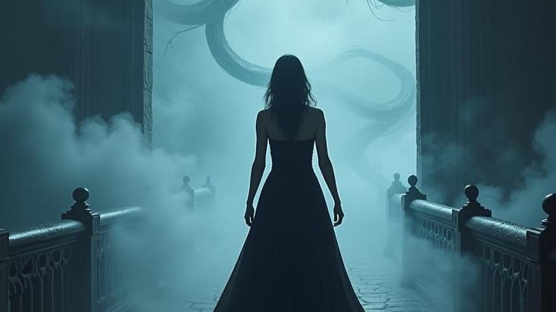 Woman on Bridge in Shadowy, Detailed Matte Painting