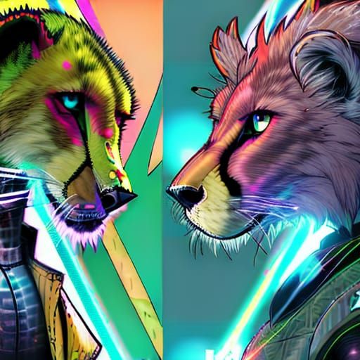 Cyberpunk Cheetah and Lion in Neon Cityscape