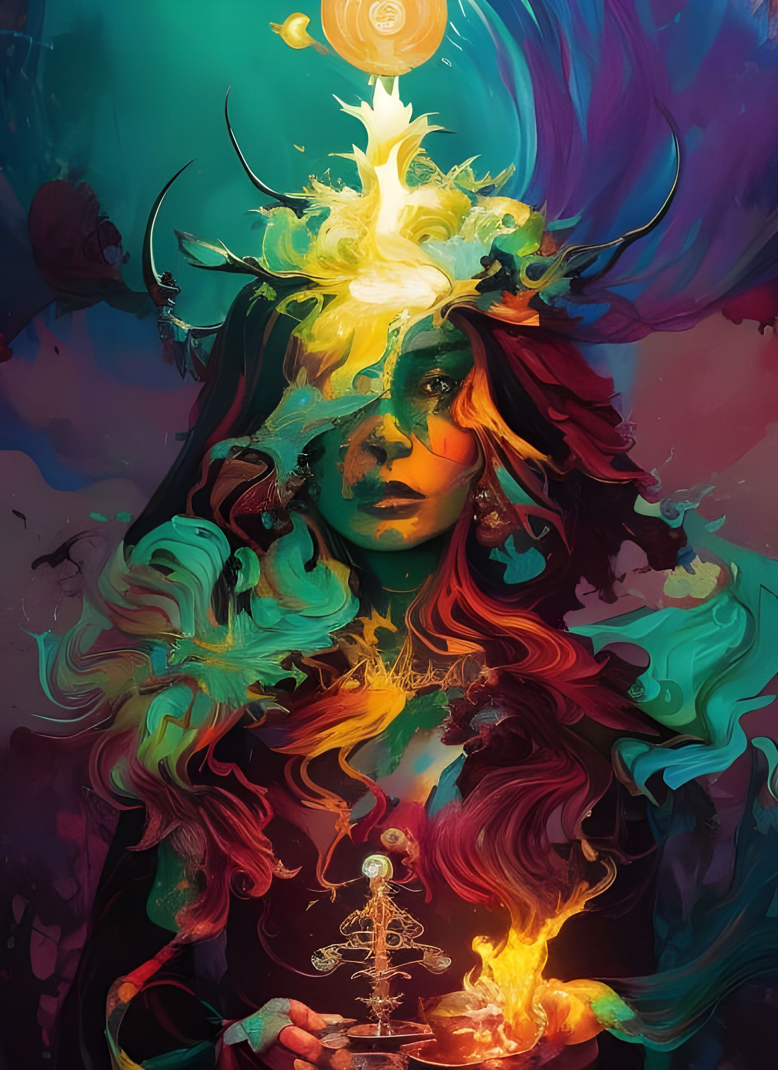 Enchanting Witch Portrait in Vibrant Gouache Illustration