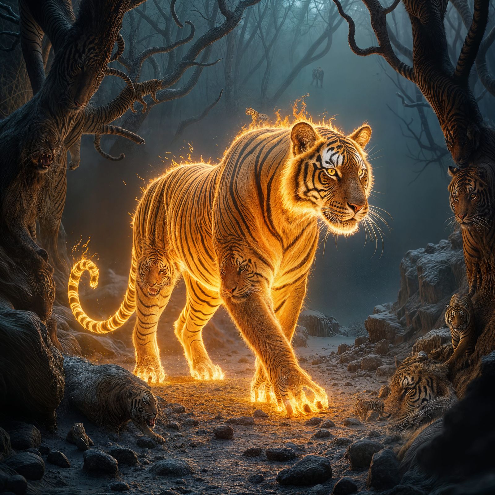 Golden Tiger Strides through Gothic Landscape