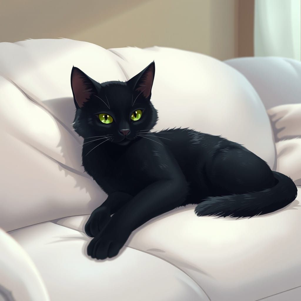 Whimsical Black Cat on Snowy Sofa in Studio Ghibli Style