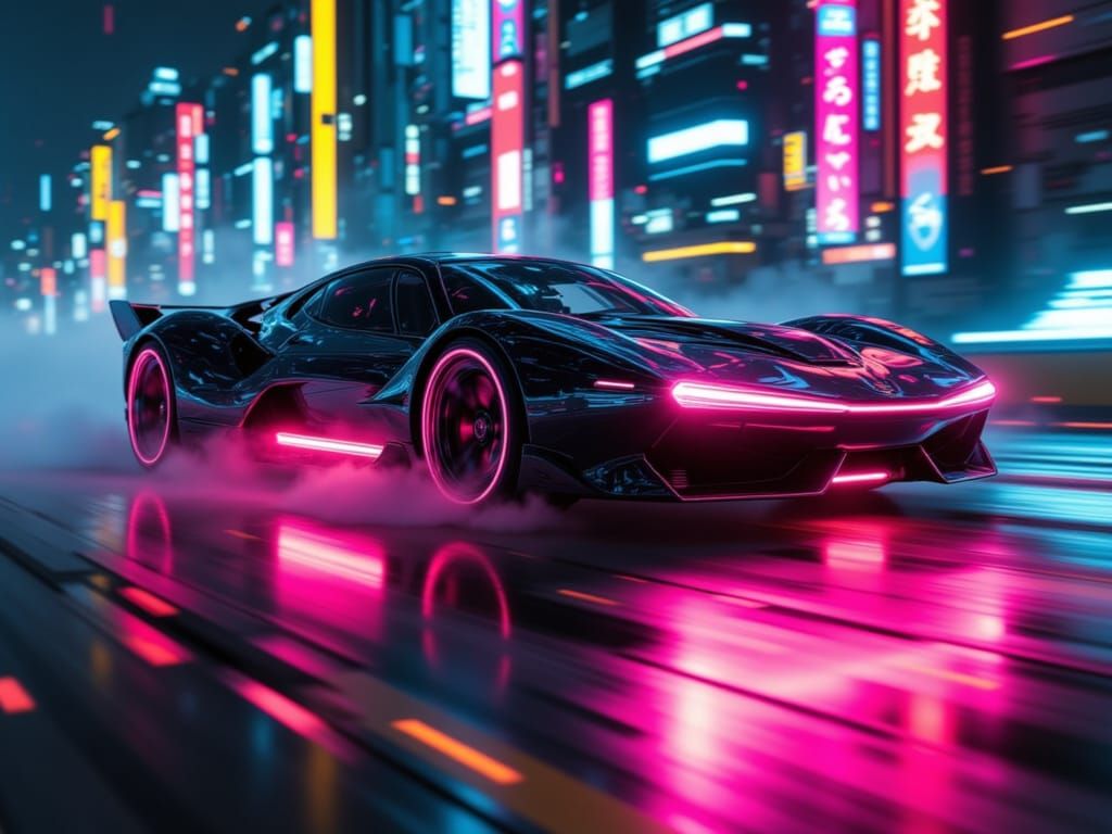 Futuristic Hover Car in Neon Cityscape