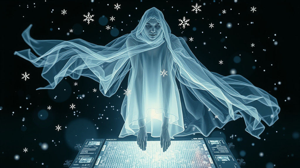 Ethereal Ghost Figure Above Glowing LED Screen