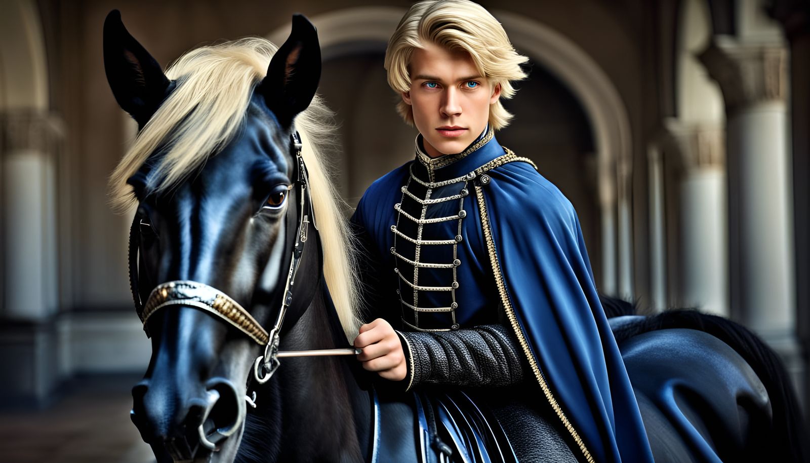 Handsome Knight on Black Horse in Hyperrealism