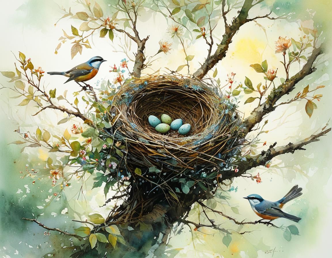 Dreamy Wildlife Scene with Birds and Blooming Garden