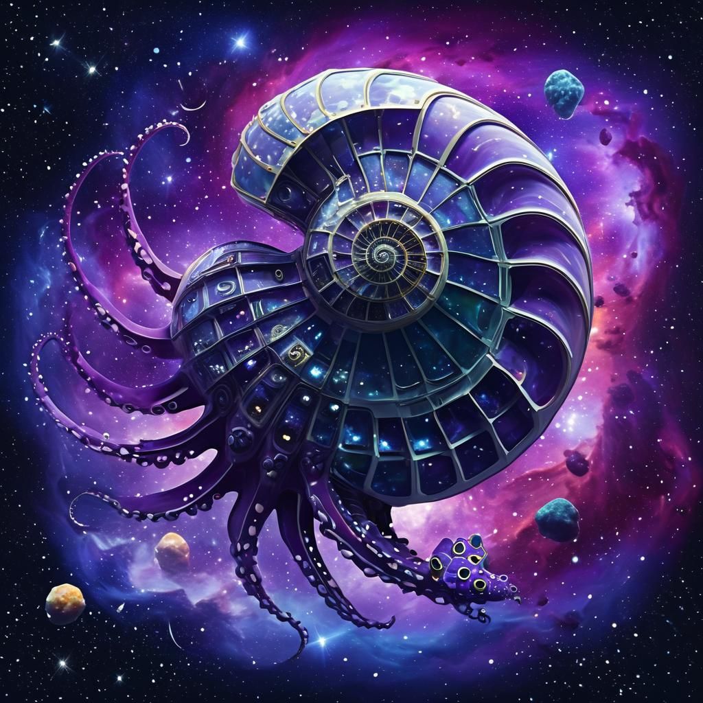 Nautilus Spaceship in Nebula, Low-Poly Digital Art
