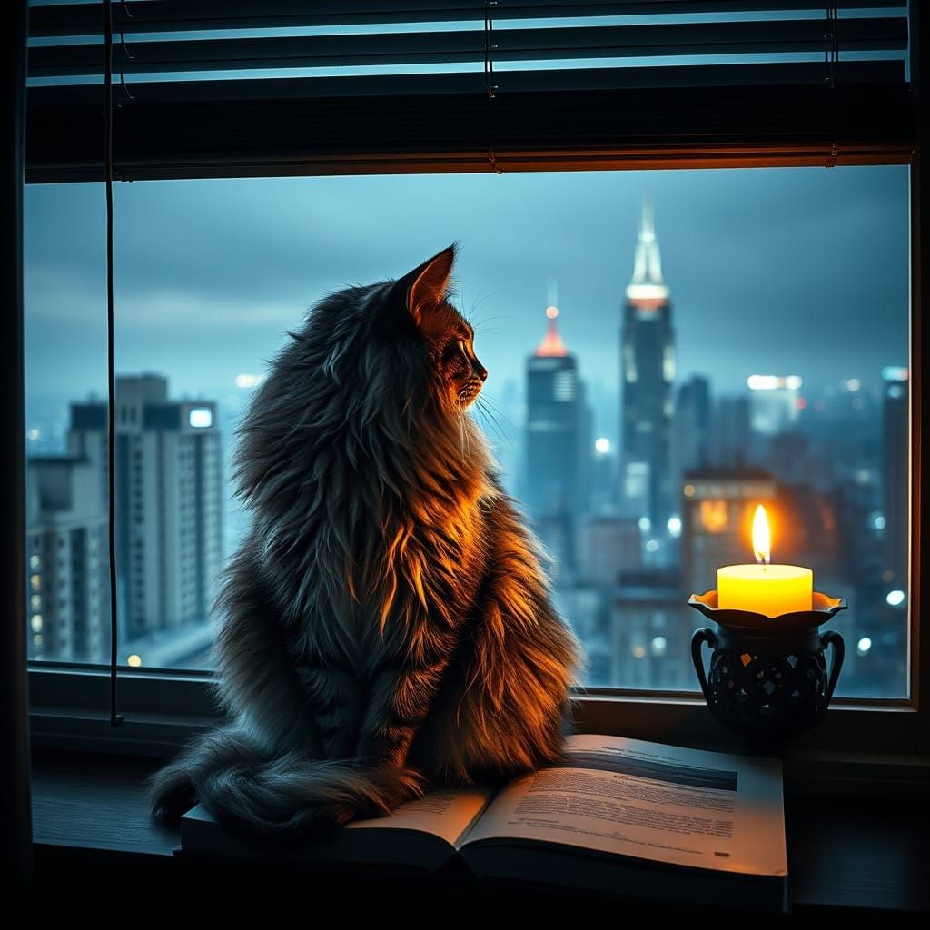 Tabby Cat on Windowsill Overlooking Cityscape