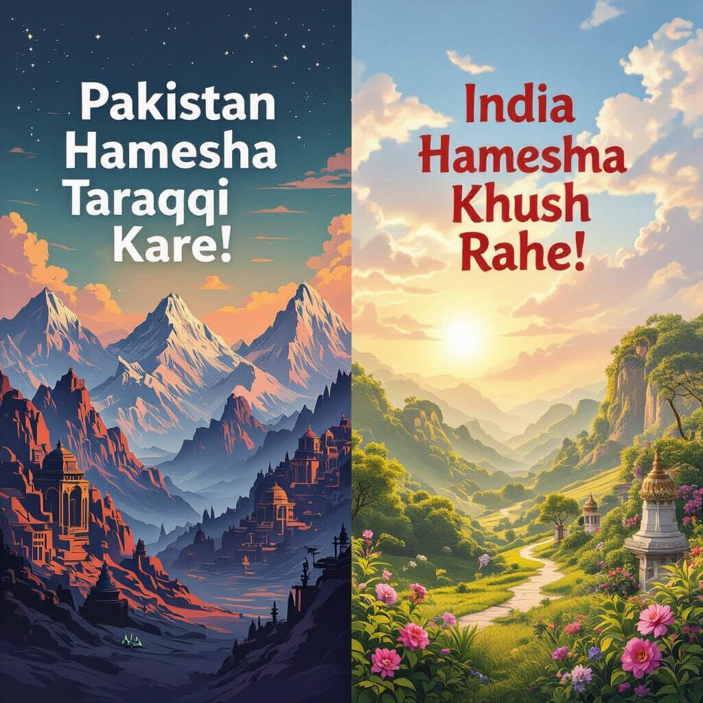 Futuristic Pakistan & Joyful India Split Screen Art