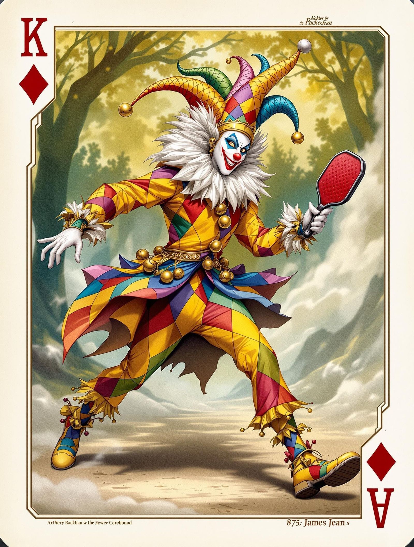 Whimsical Pickleball Jester in Fantastical Diamond Motley