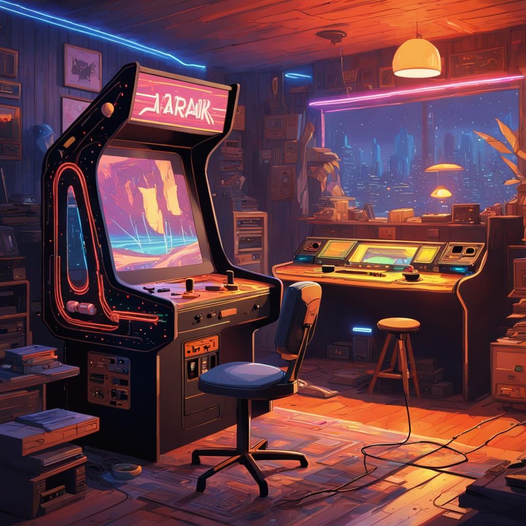 Retro Arcade Console Scene in 8-bit Neon Aesthetic