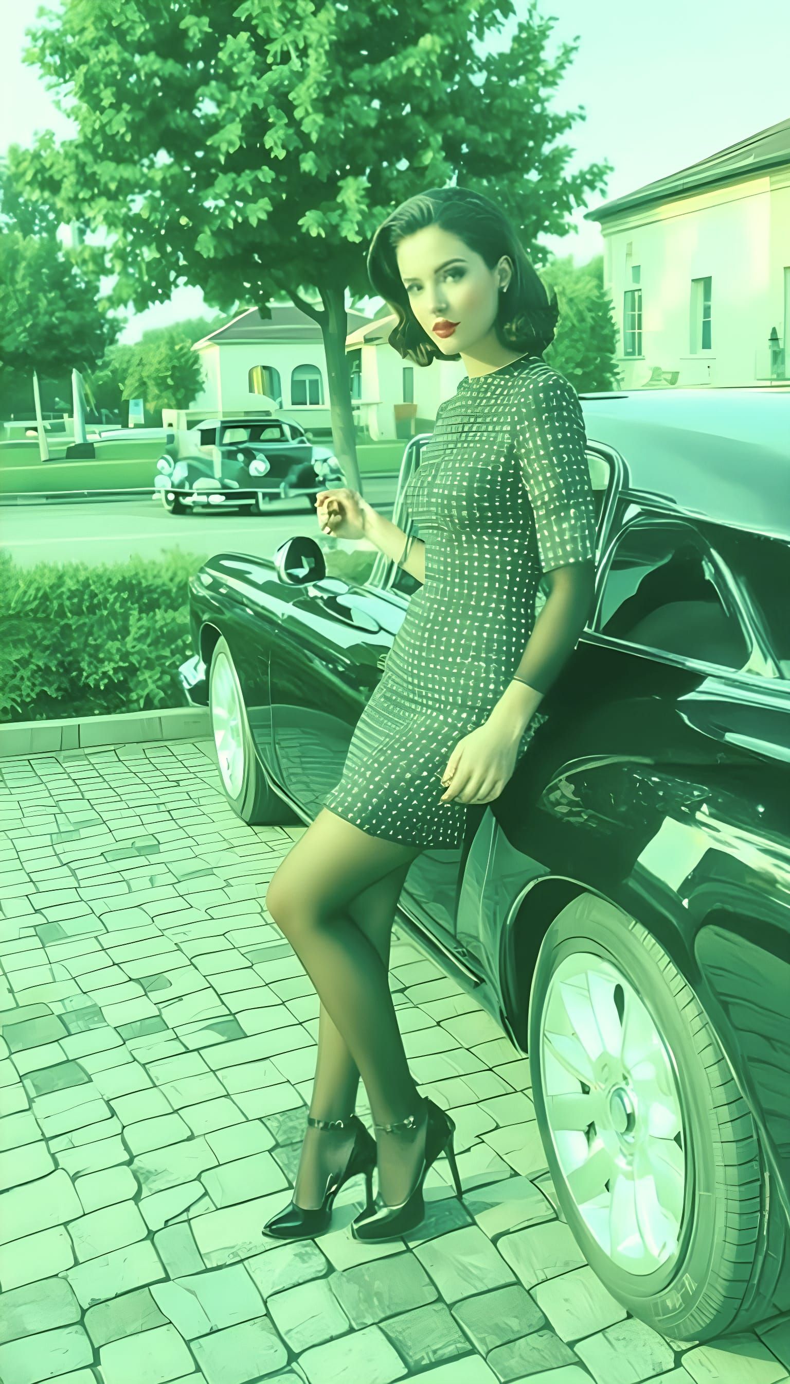 Woman Posing With High-Performance Car in Vintage Style