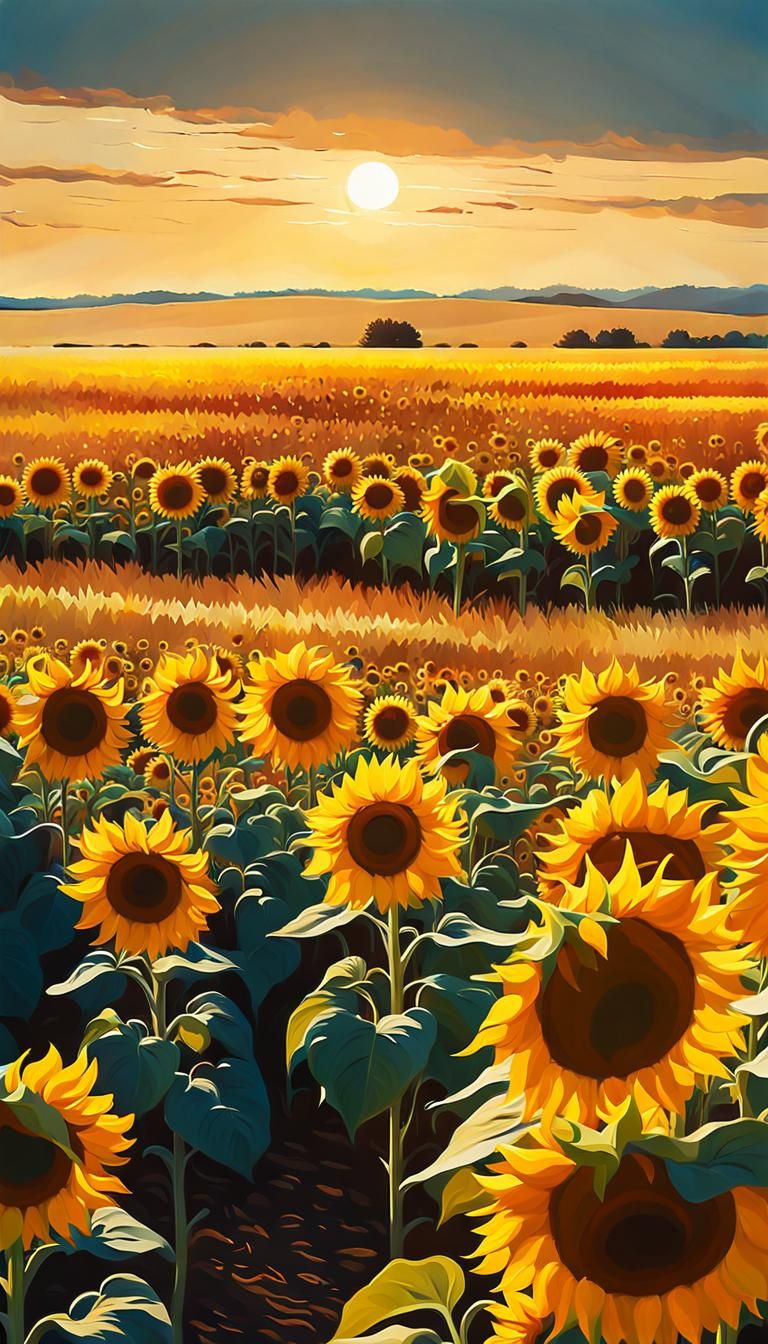 Impressionistic Autumn Sunflower Field in Golden Light