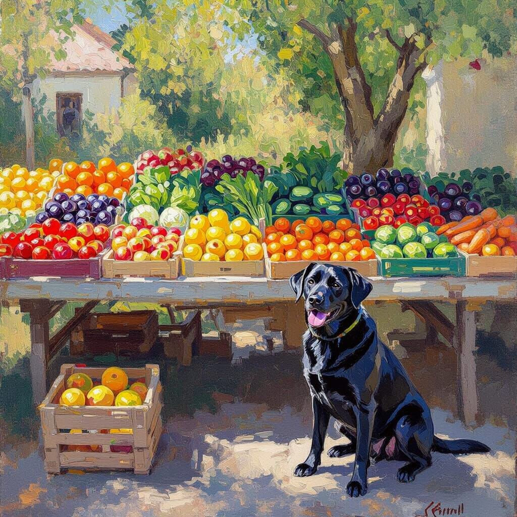 Impressionistic Farm Stand with Labrador in Sunlight