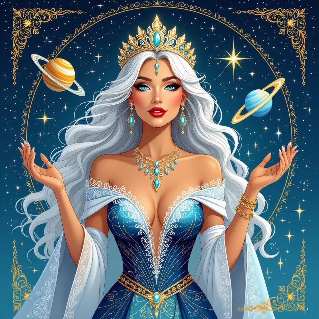 Ethereal Woman Surrounded by Stars in Fractal Fauvist Style