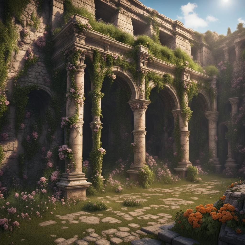 Flowering Vines Adorn Ancient Roman Ruins
