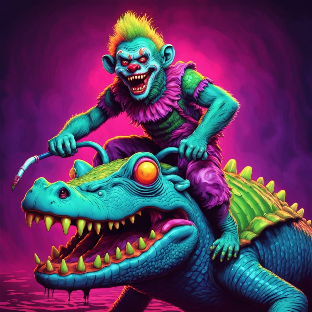 Zombie Monkey Clown Rides Crocodile in Synthwave Neon
