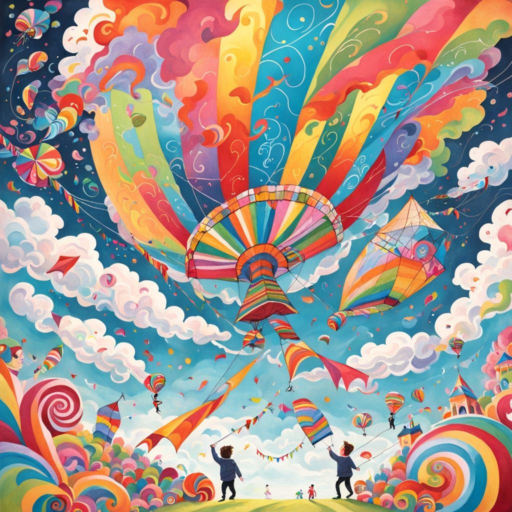 Vibrant Kite Soars into a Whimsical Cloudy Sky