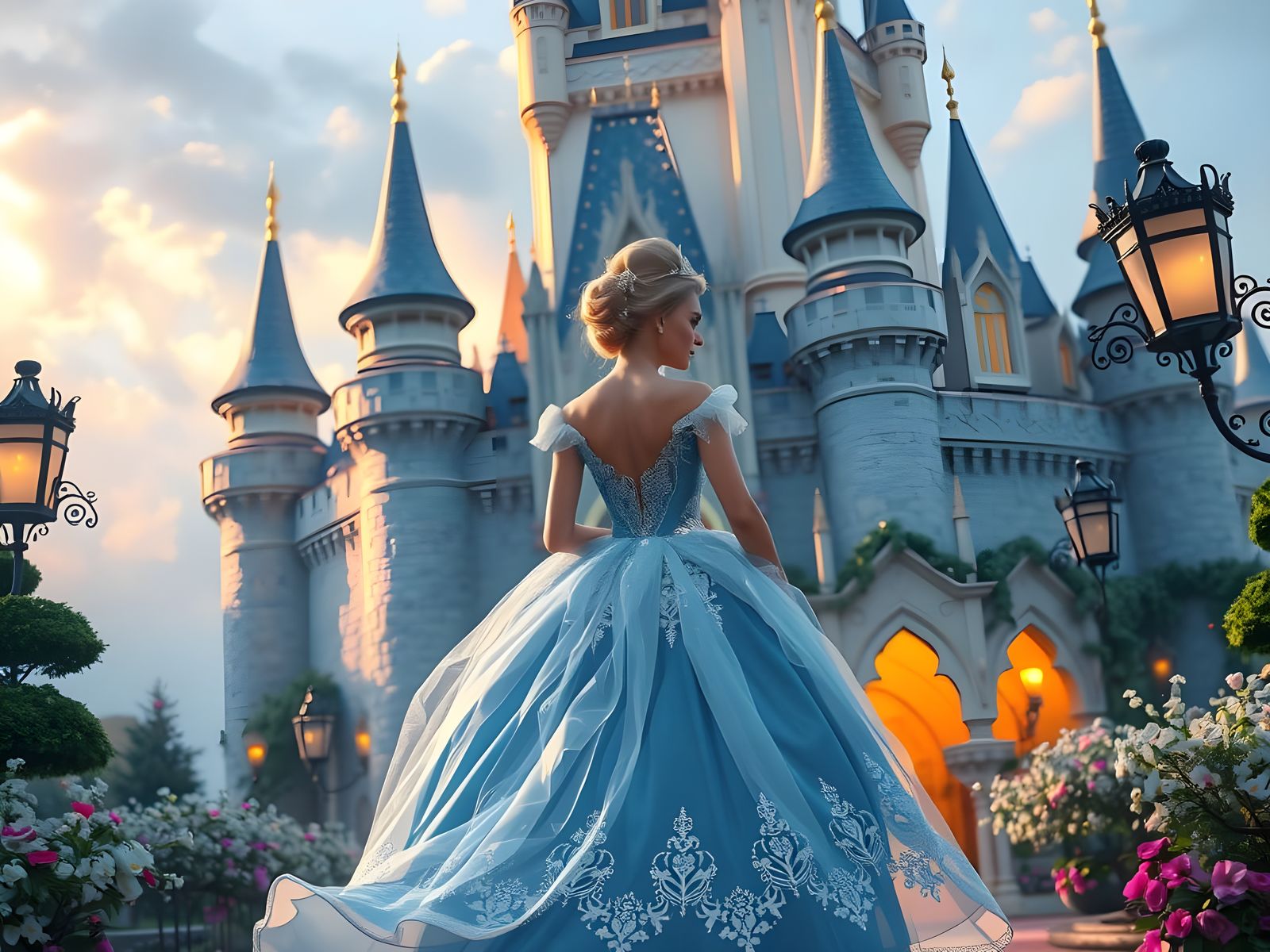 Cinderella in Elegant Blue Gown Enters Enchanted Castle
