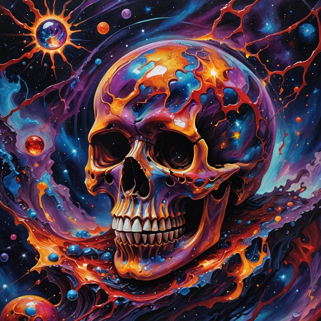 Melting Skull Orbiting Star in Vibrant Galaxy