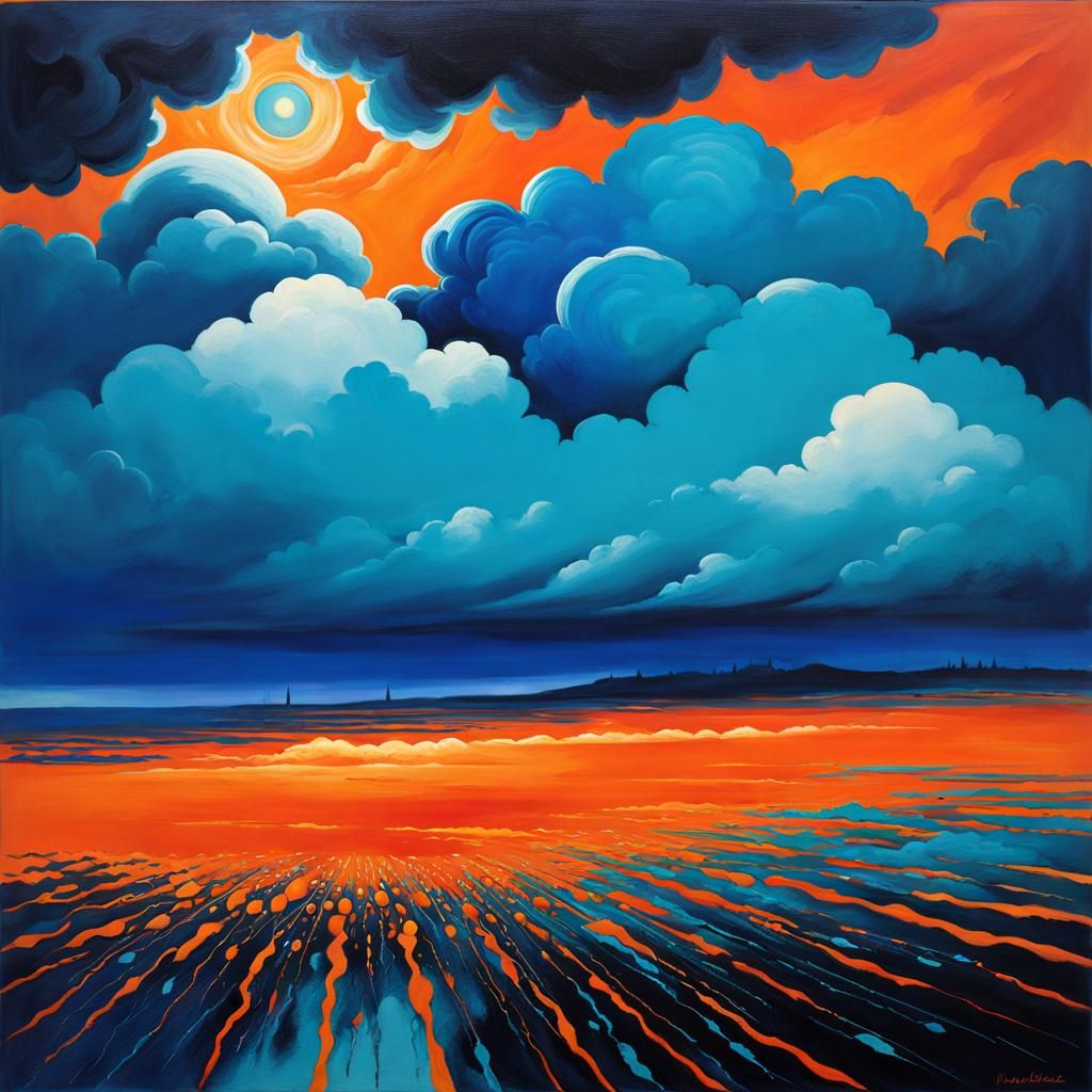 Dadaist Skyscape with Three Clouds in Raging Rain