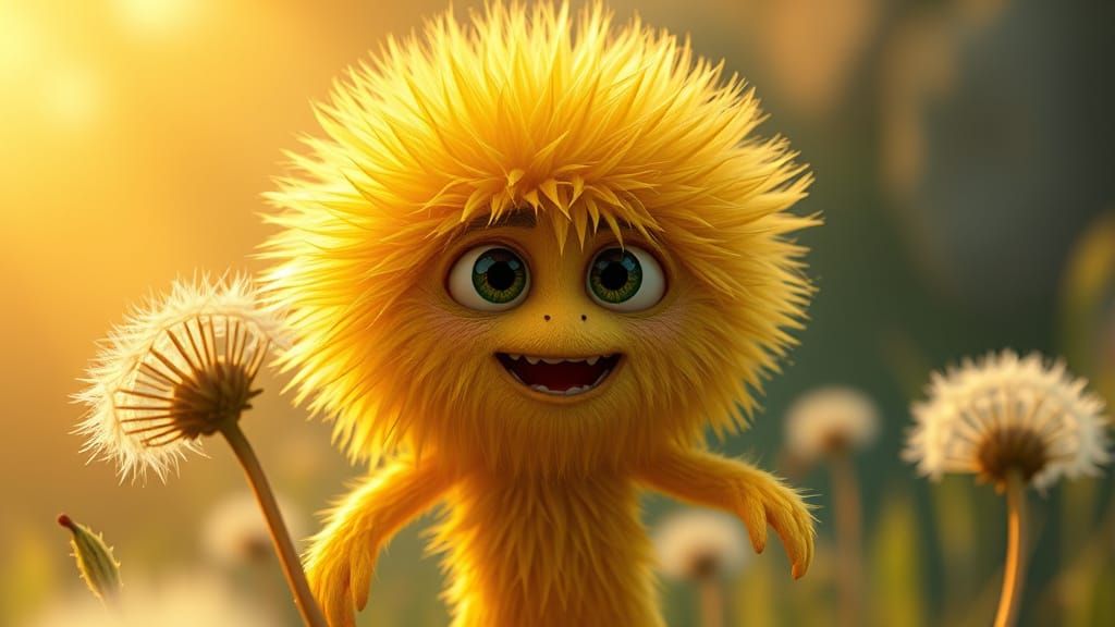 Cute Golden Fluffy Humanoid Dandelion Monster in Anime Style
