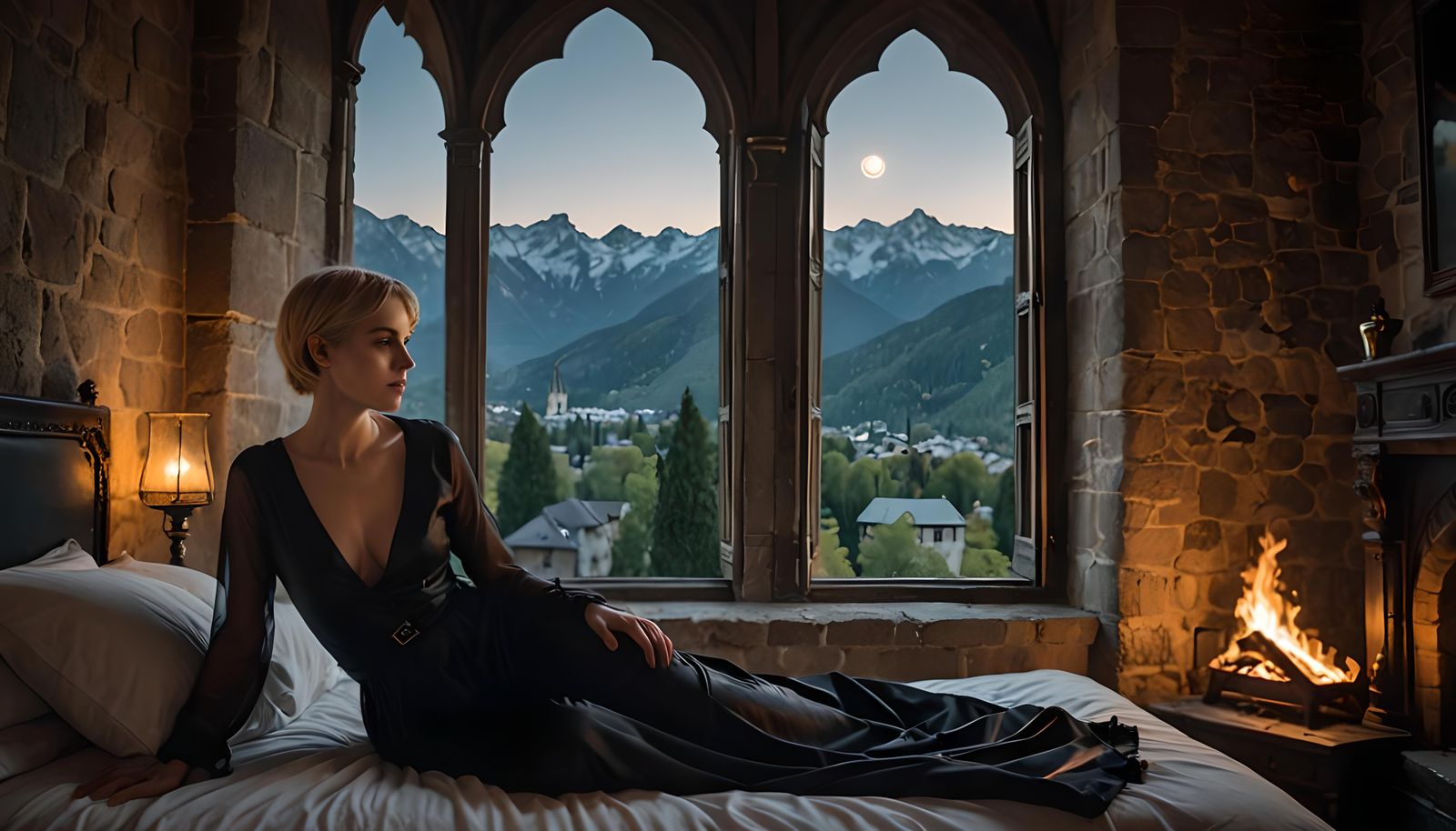 Gothic Castle Bedroom: Woman in Silk Sheet