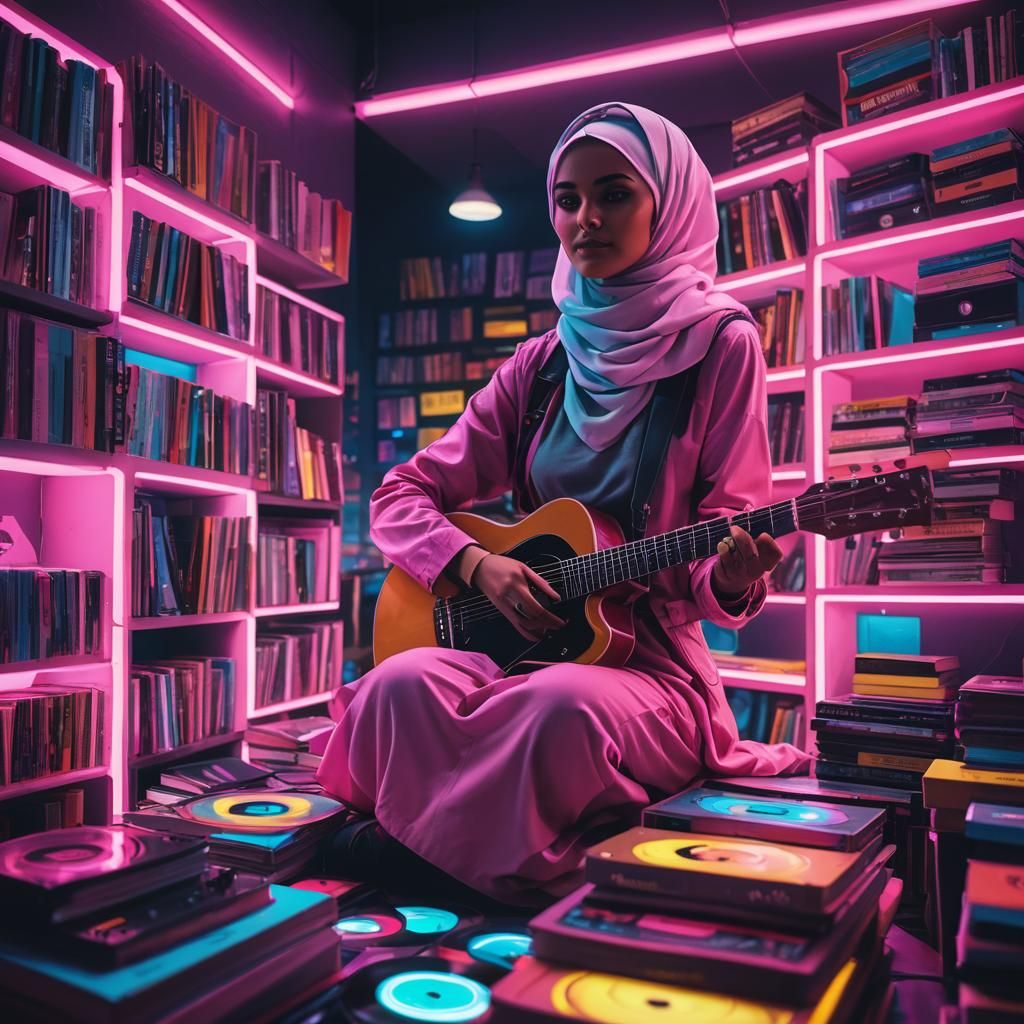 Synthwave Hijabi Guitarist in Neon Cityscape