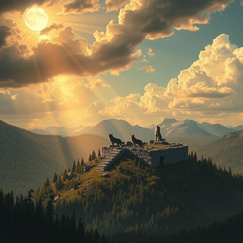 Wolves Howling at Moon over Dacian Ruins