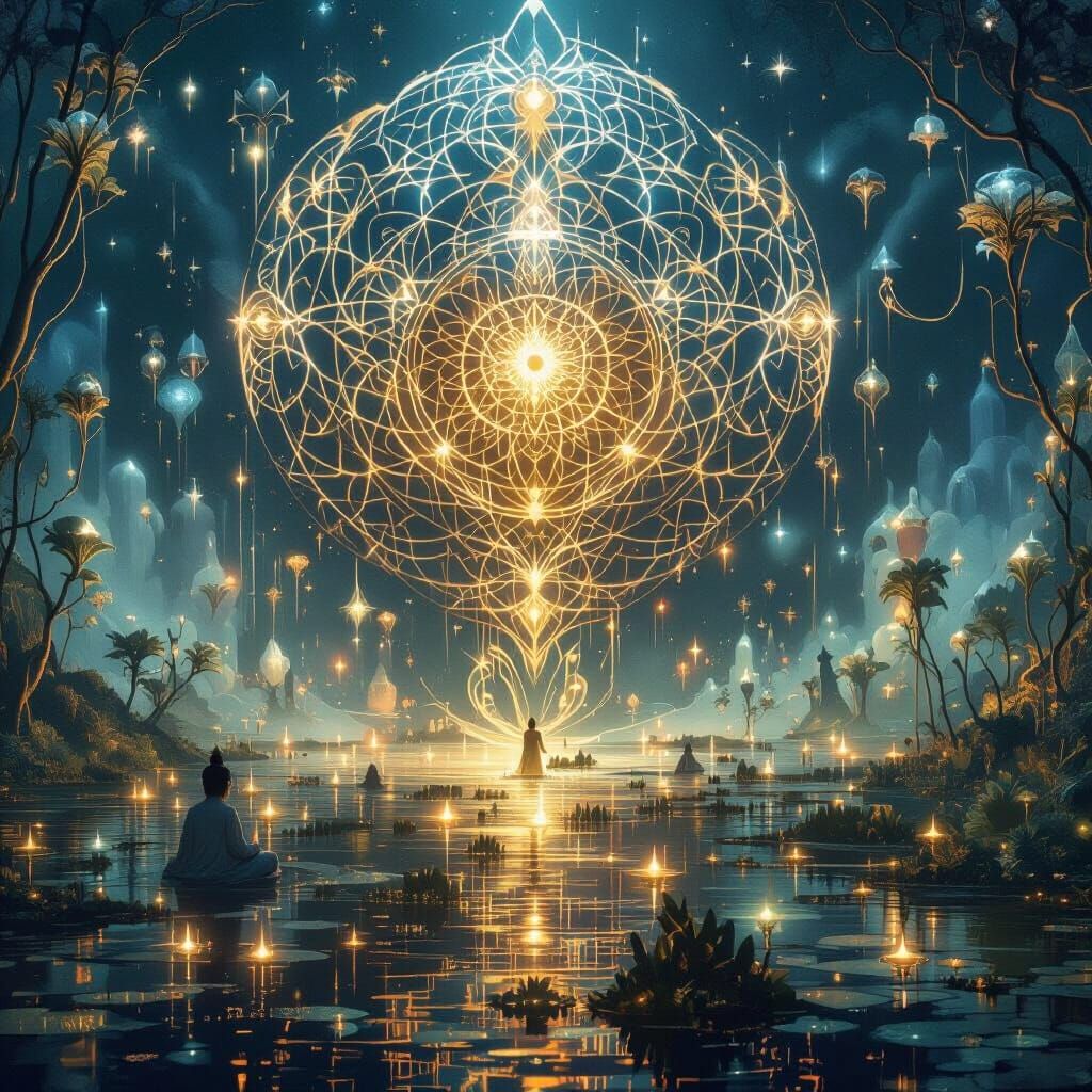 Enlightened Buddha in Bioluminescent Swamp, Dark Fantasy Art