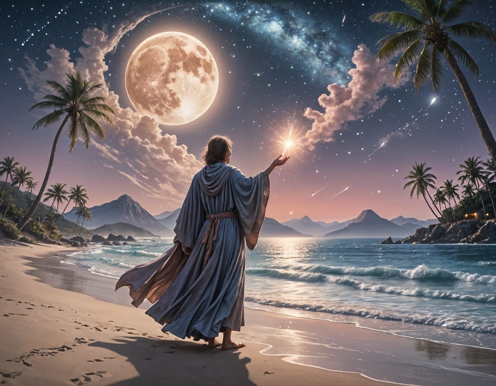 Mystical Mage Casting Spell Under Palm Trees