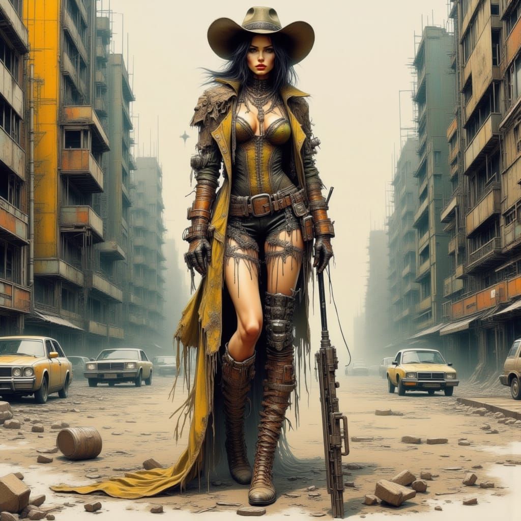 Beautiful Cowgirl with Mecha Arms and Sci-Fi Rifle